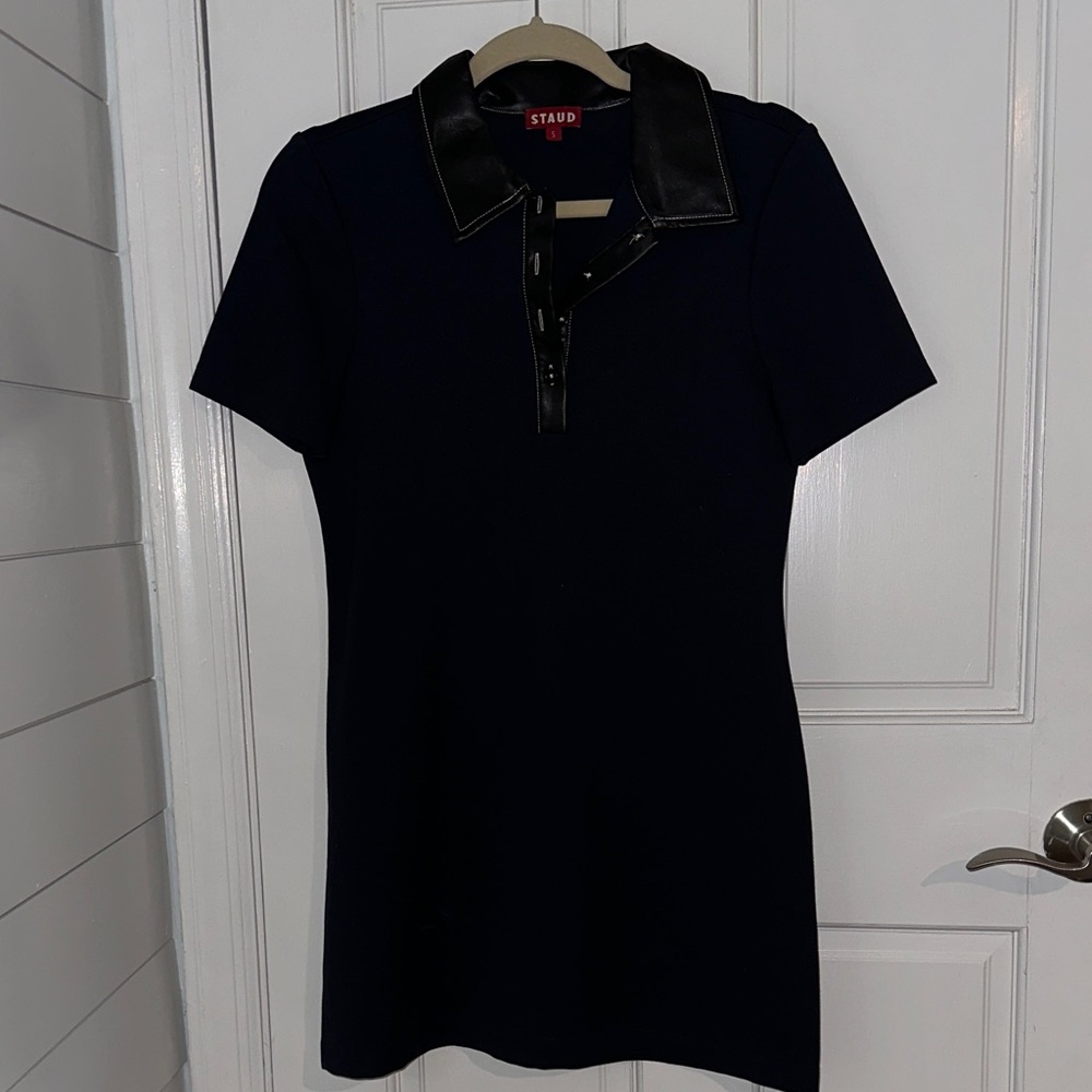 STAUD Navy Shift Dress with Black Faux-Leather Collar